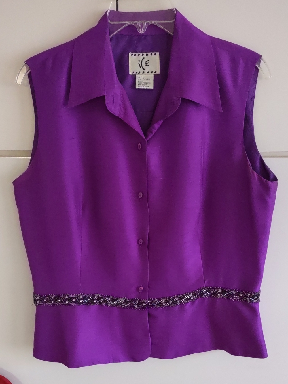 ICE Vintage-Inspired Sleeveless Button Front Top - Purple, With Beautiful Beads.